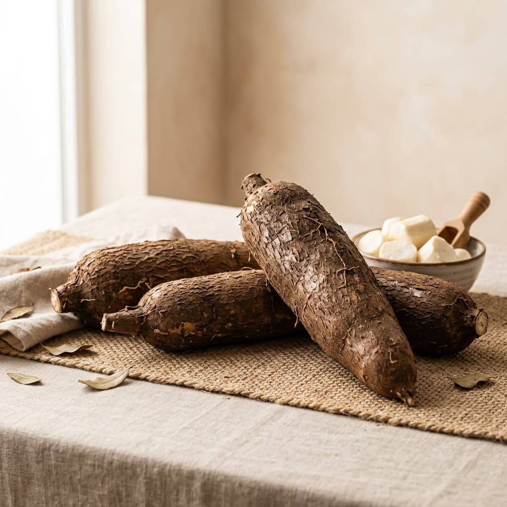 Cleaned and graded Tapioca roots studio shot